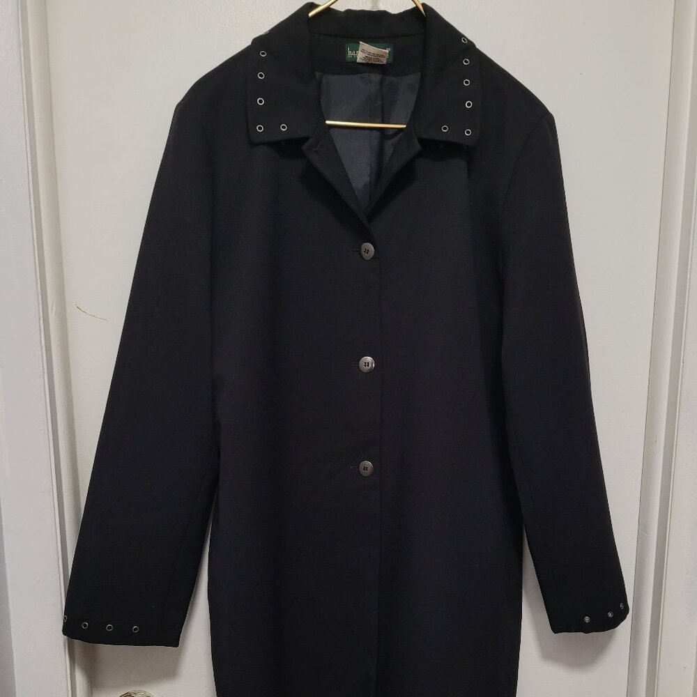 Harve Benard Long Jacket Women Plus Sz 16 Wool 2 Pockets Black Buttons Linen